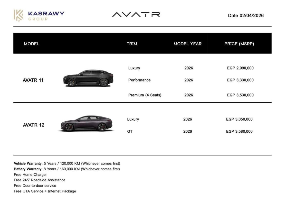 قصراوي جروب تعلن عن أحدث قائمة سعرية لسيارات أفاتار بزيادات تتراوح بين 60 و100 ألف جنيه